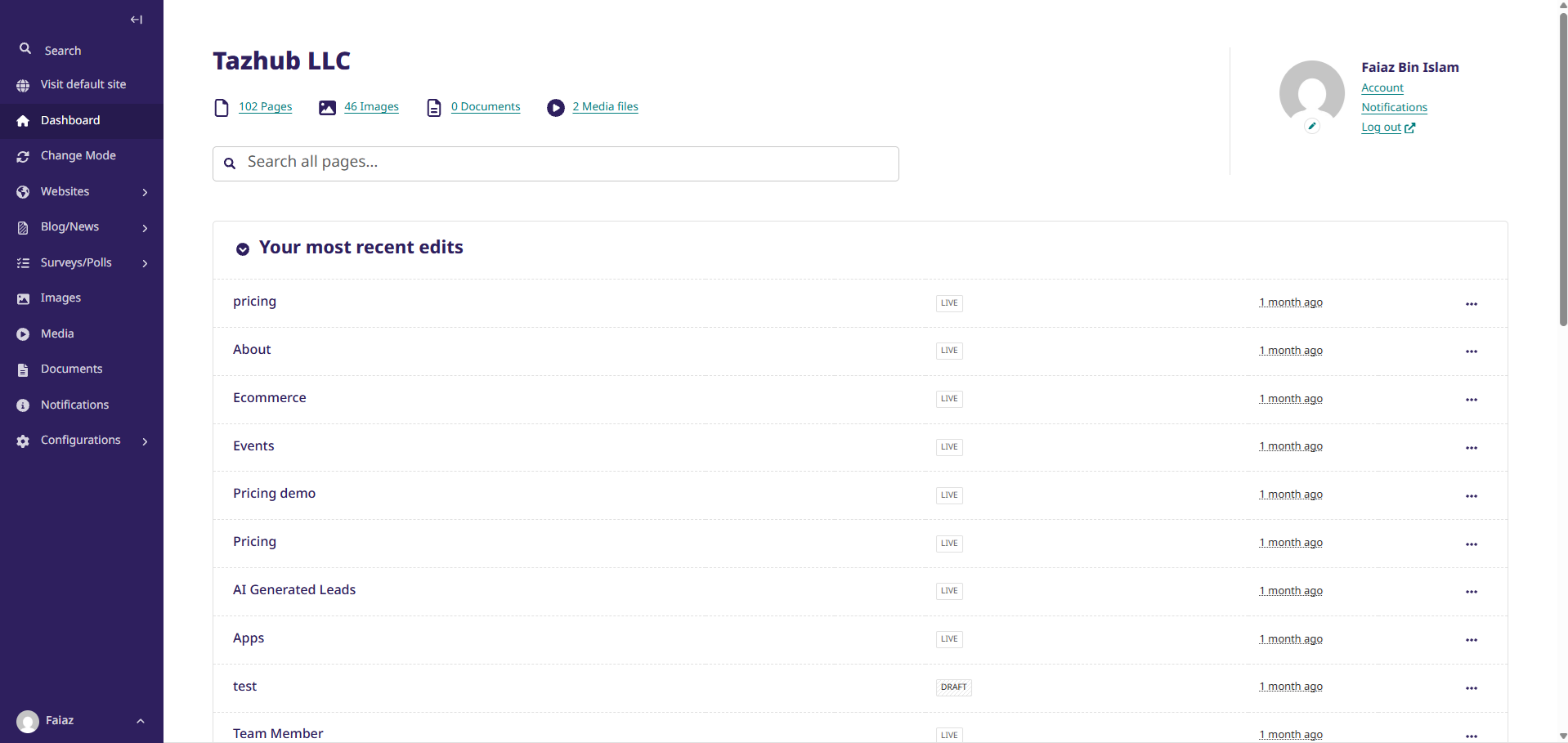 Tazhub app dashboard